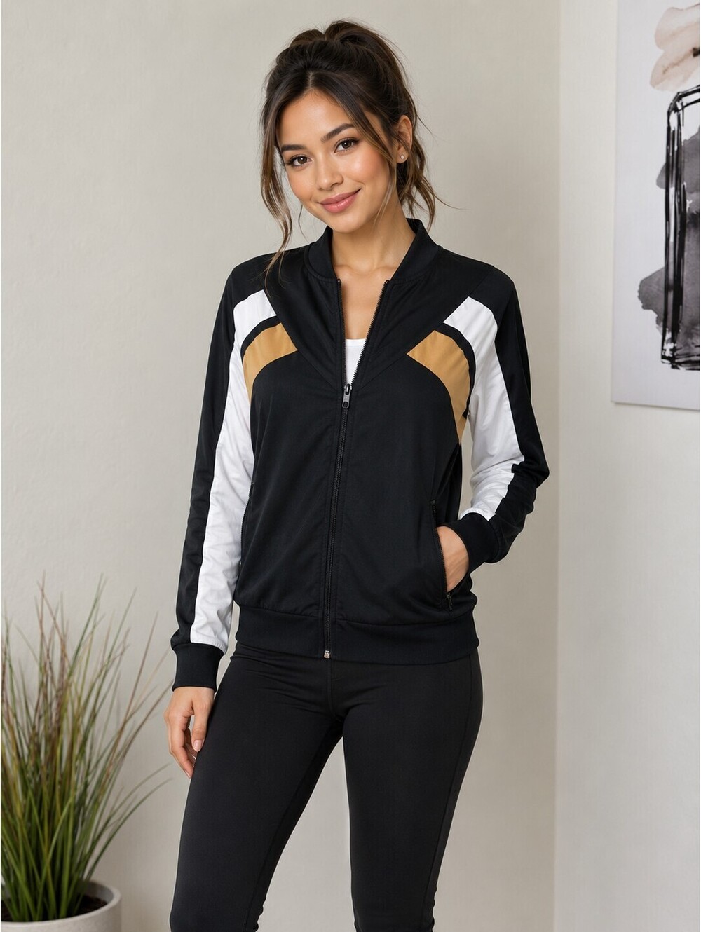 MTA Sport Women's Small Track Jacket Black White Gold Full Zip Activewear
